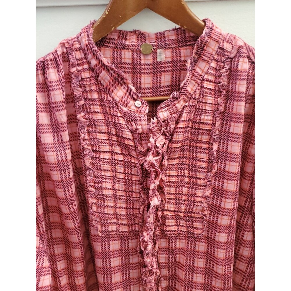 FP One Free People Plaid Miles Tuxedo Ruffle Top In Pink Combo Size Medium - Picture 3 of 10